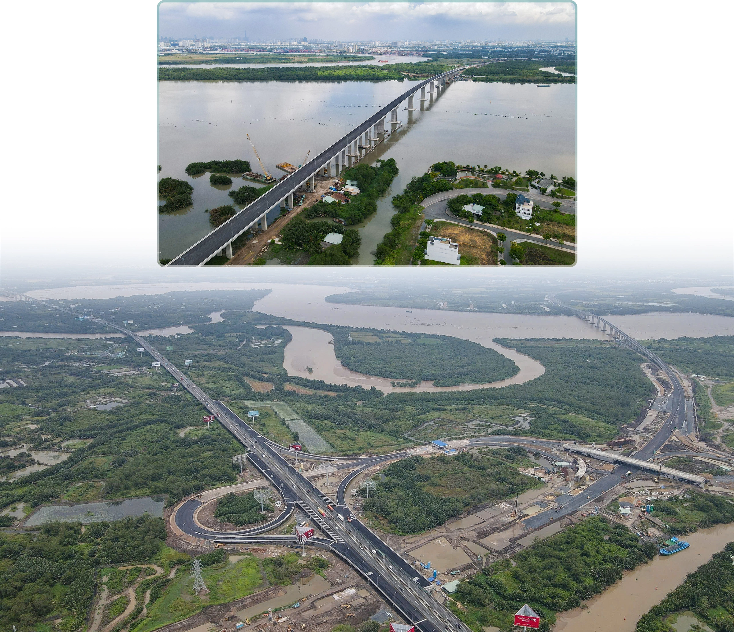Cầu Nhơn Trạch trên tuyến Vành đai 3 nhìn từ trên cao, kết nối vào cao tốc TP.HCM - Long Thành