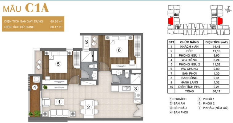 Layout căn 2PN mẫu C1A The Peak Garden