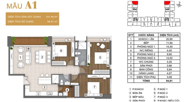 Layout căn 3PN mẫu A1 The Peak Garden