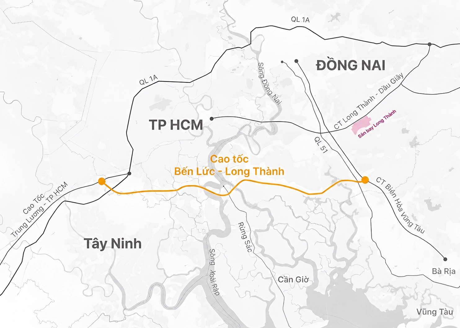 Sơ đồ hướng tuyến cao tốc Bến Lức – Long Thành